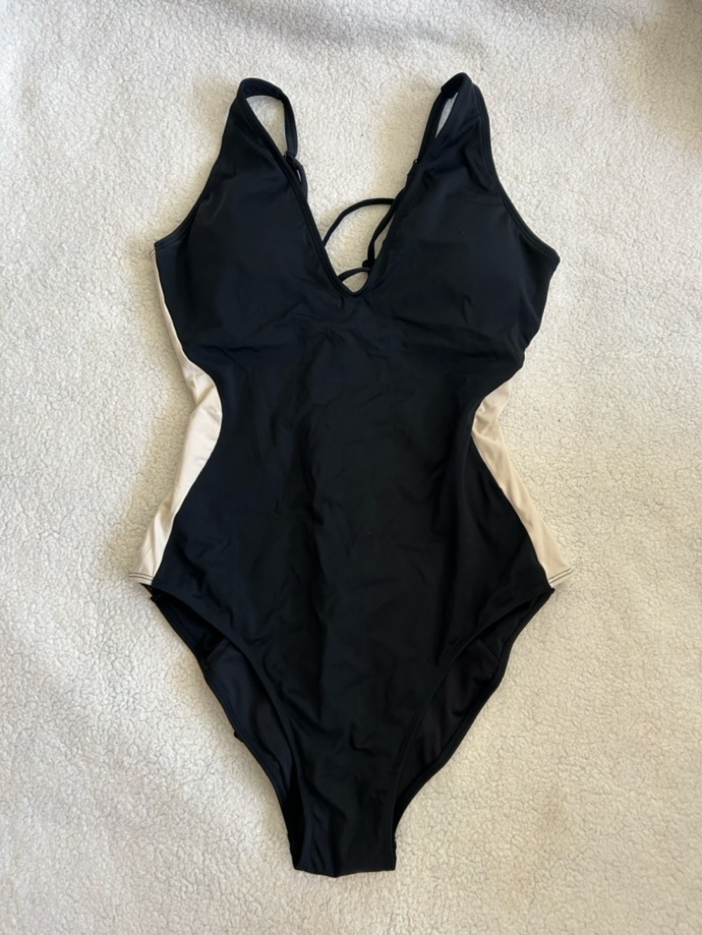 TA3 plungey Contour Black One-Piece Swimsuit with Cream Side Panels
